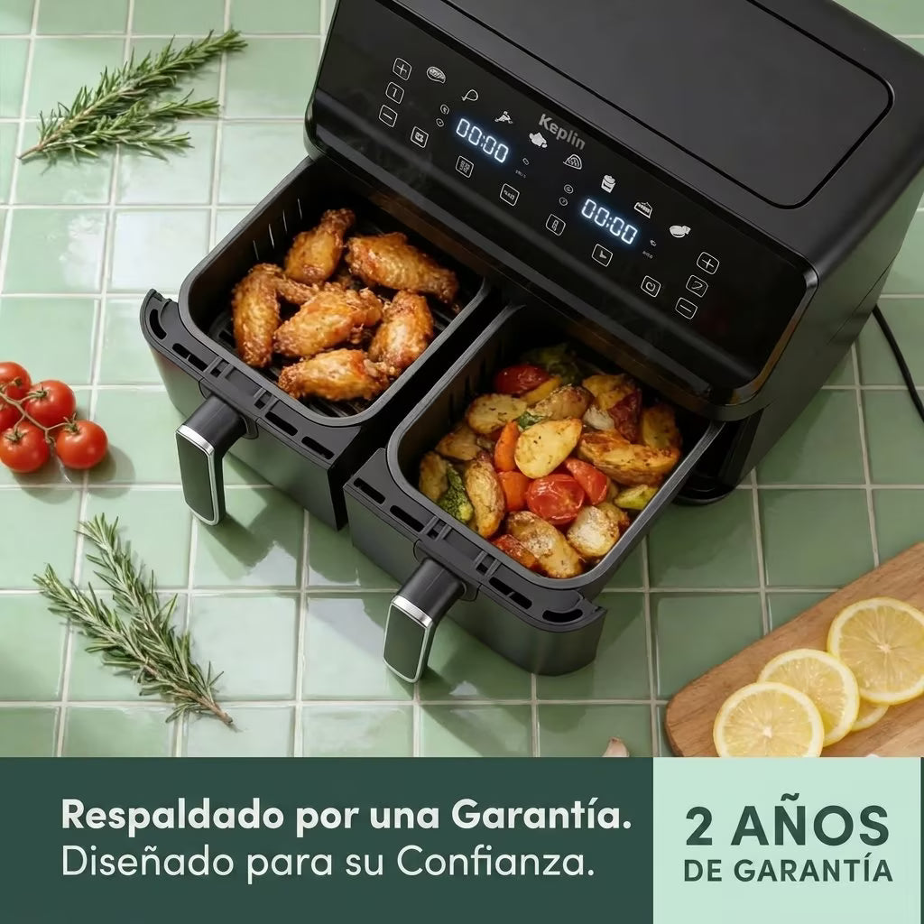 Freidora de aire Keplin de doble zona: freidora de bajo consumo con 6 funciones de cocción, capacidad extragrande para comidas saludables. Asa, hornea, deshidrata y deja los alimentos crujientes. Tamaño familiar de 9 / 9,5 L.