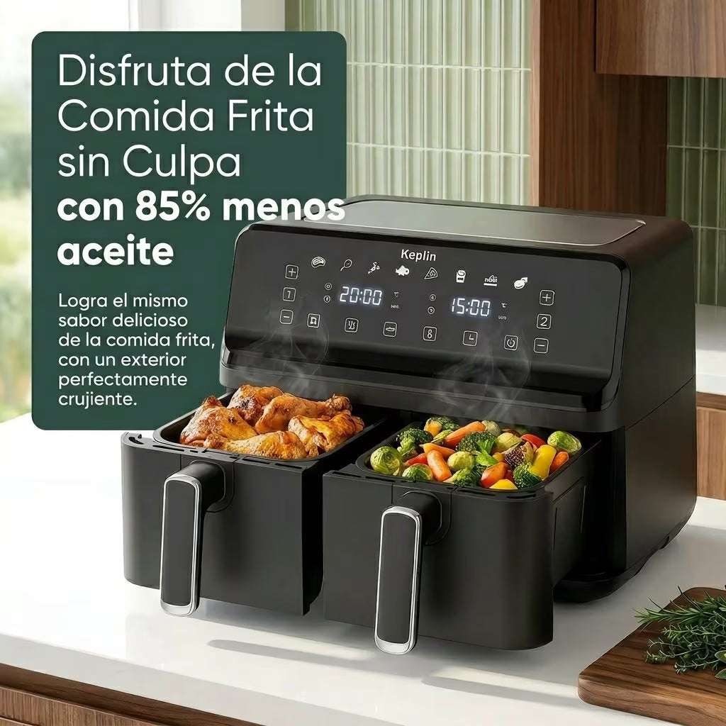 Freidora de aire Keplin de doble zona: freidora de bajo consumo con 6 funciones de cocción, capacidad extragrande para comidas saludables. Asa, hornea, deshidrata y deja los alimentos crujientes. Tamaño familiar de 9 / 9,5 L.
