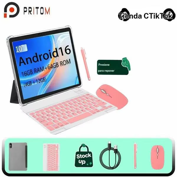 PRITOM tableta de 10,1″ con Android 16 – 16 GB de RAM y 64 GB de almacenaje, funda con teclado incluida, batería de 6000 mAh, doble configuración de cámaras, ideal para estudio y tareas diarias