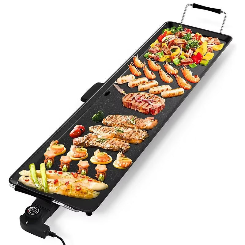 Plancha de asar Eléctrica 90×23 cm Superficie antiadherente a la piedra 2000w con Termostato Regulable y Bandeja para Recogida de Grasa