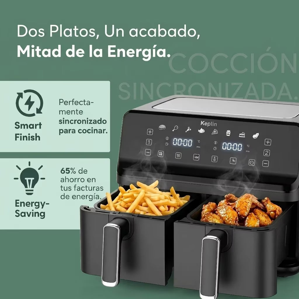 Freidora de aire Keplin de doble zona: freidora de bajo consumo con 6 funciones de cocción, capacidad extragrande para comidas saludables. Asa, hornea, deshidrata y deja los alimentos crujientes. Tamaño familiar de 9 / 9,5 L.