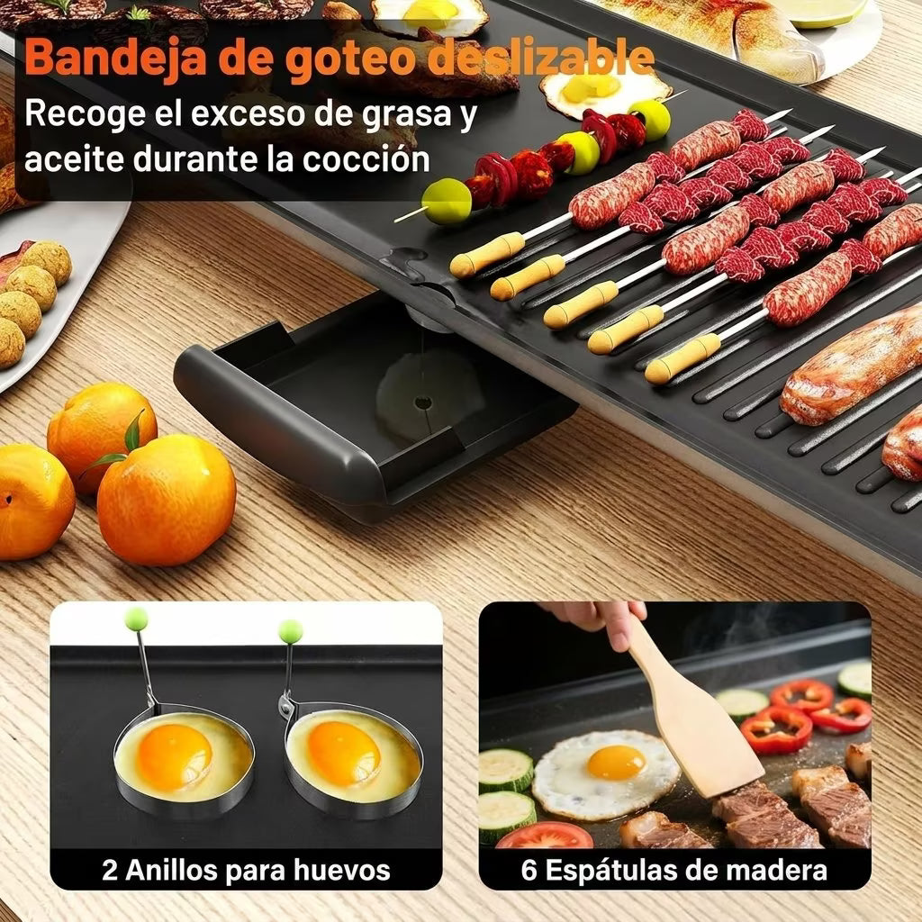 Plancha de asar Eléctrica 90×23 cm Superficie antiadherente a la piedra 2000w con Termostato Regulable y Bandeja para Recogida de Grasa