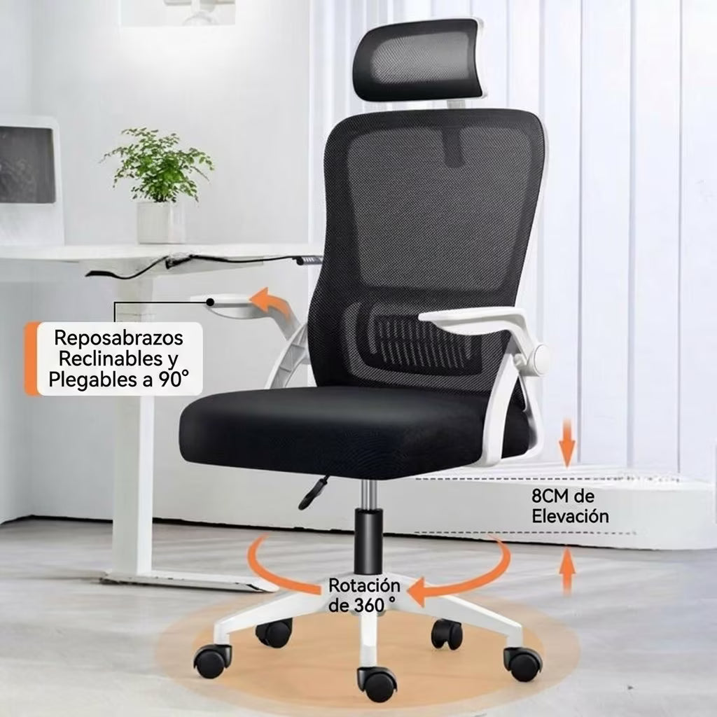 Silla de Oficina, para Gaming, Escritorio Ergonmica con Reposacabezas, Ajustable y con Soporte Lumbar Respaldo de Malla Transpirable Reposabrazos Abatibles de 90 Giratoria 360