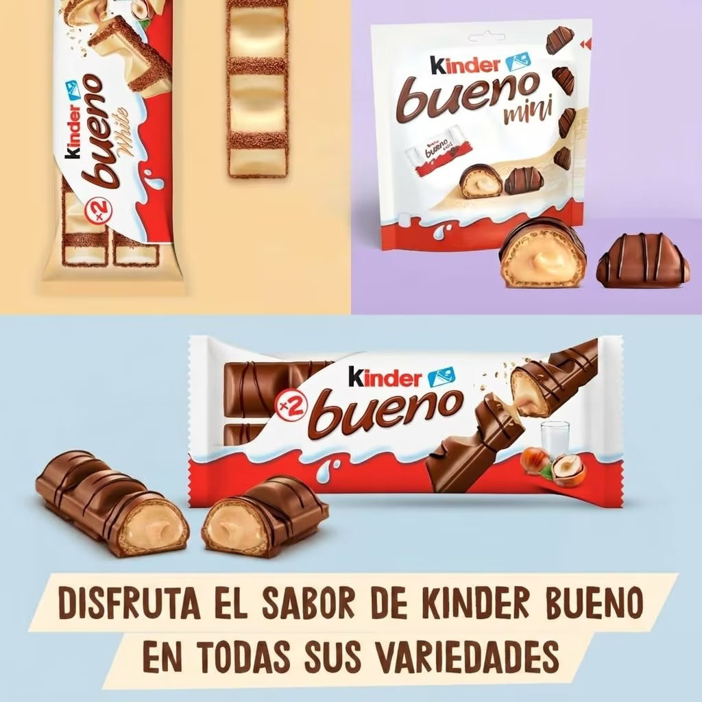 Kinder Bueno Chocolate con leche y crema de avellanas 30*43g,Kinder Bueno White ,Caja de 30 unidades,Barritas de Chocolate