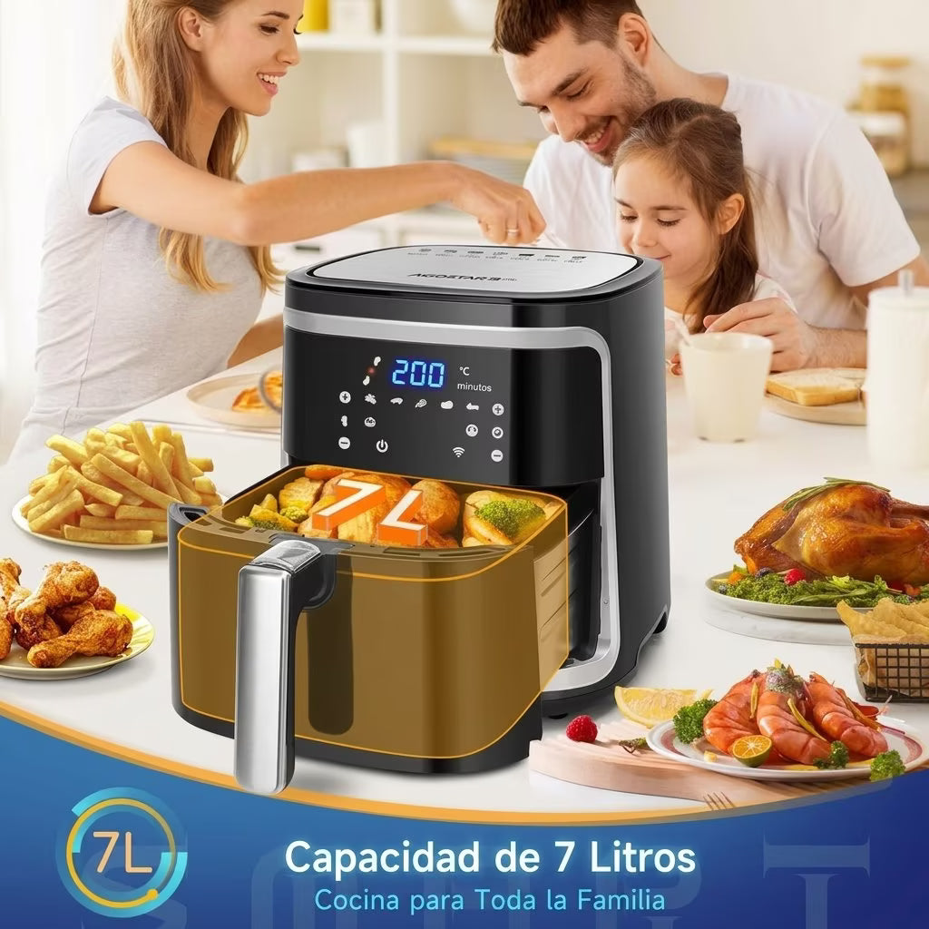 Freidora de Aire sin Aceite XXL 7L,1900W, Inteligente. Conexión Wifi.Pantalla LED táctil, 7 funciones preestablecidas Libre de BPA REGALO: 1,7L Hervidor Eléctrico