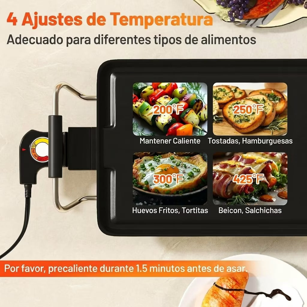 Plancha de asar Eléctrica 90×23 cm Superficie antiadherente a la piedra 2000w con Termostato Regulable y Bandeja para Recogida de Grasa
