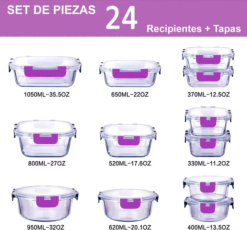 Set de 12 Tápers de Cristal Premium | Aptos para Horno y Microondas