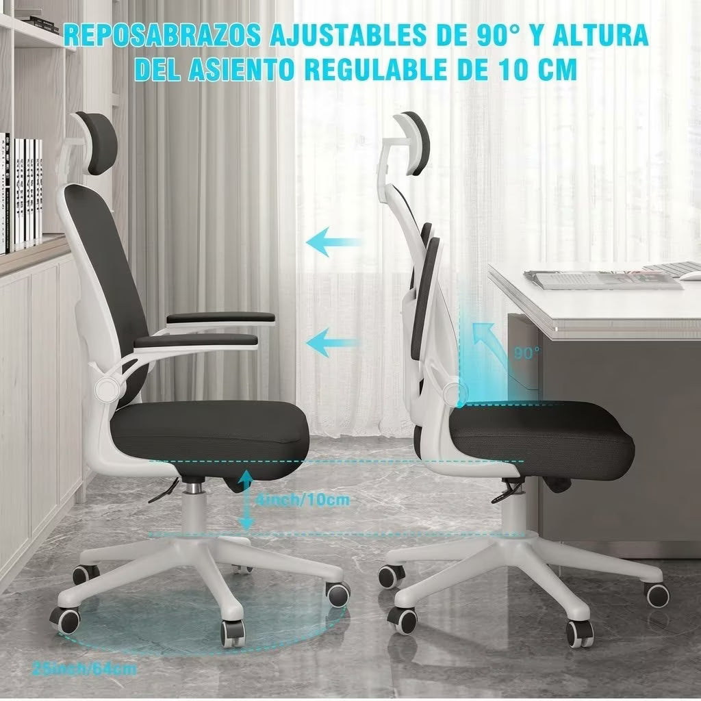 Silla de Oficina, para Gaming, Escritorio Ergonmica con Reposacabezas, Ajustable y con Soporte Lumbar Respaldo de Malla Transpirable Reposabrazos Abatibles de 90 Giratoria 360